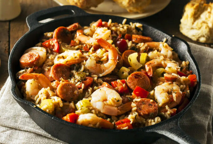 Jambalaya créole aux crevettes et à la saucisse fumée