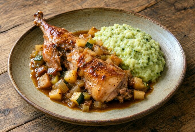 Lapin aigre-doux et purée de courgettes au riz