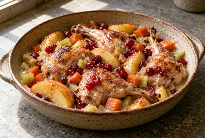 Lapin au cidre, pommes et airelles