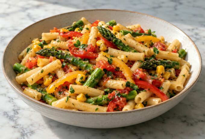 Macaronis aux asperges vertes et aux légumes