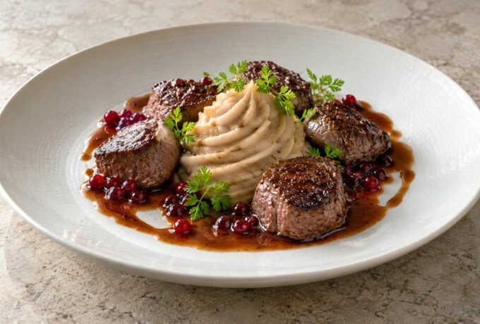 Médaillons de chevreuil, purée de marrons et airelles