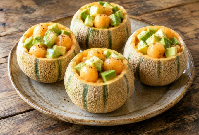 Melons farcis à l’avocat et vinaigrette au miel