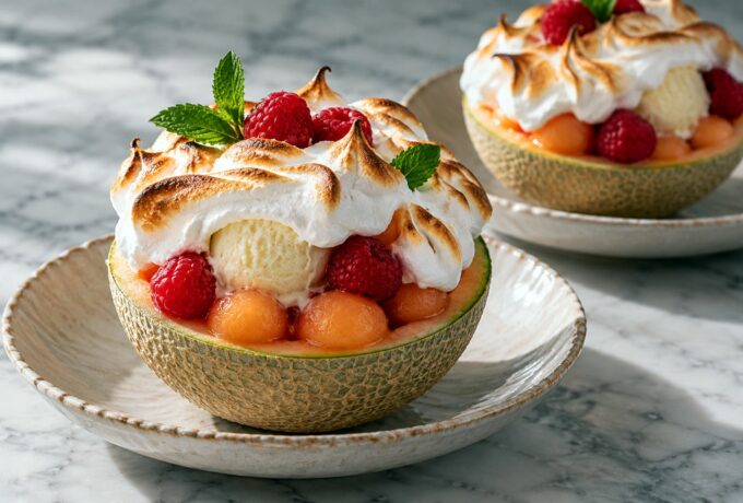 Melons meringués à la glace et aux framboises