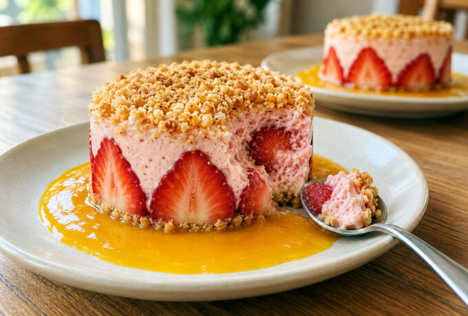 Mousse à la fraise et coulis de mangue