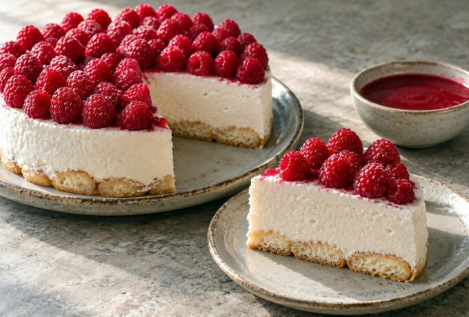 Mousse de fromage blanc aux framboises sur biscuits