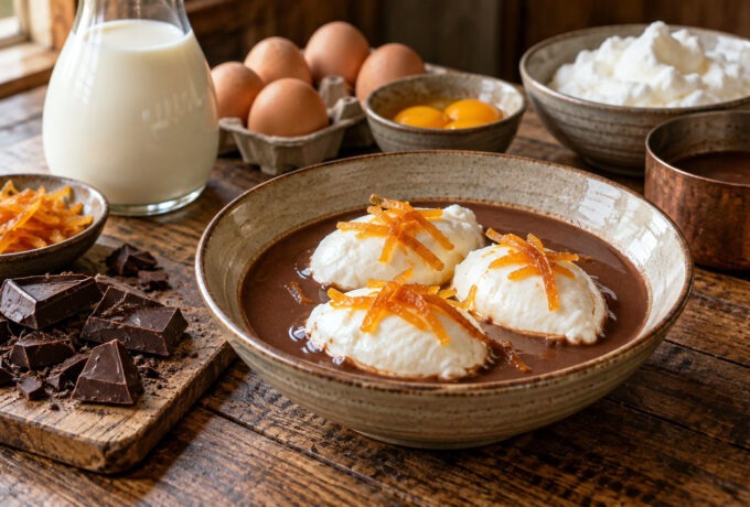 Œufs à la neige sur crème anglaise au chocolat