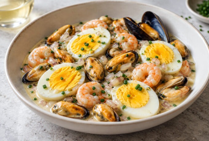 Œufs durs marinière aux moules et aux crevettes