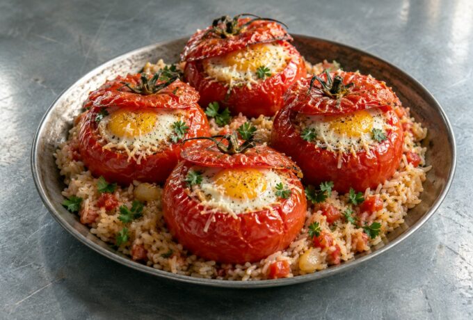 Œufs en cocotte de tomate, riz aux herbes