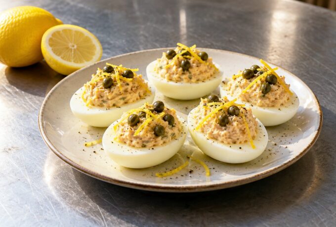 Œufs farcis au thon, citron et câpres