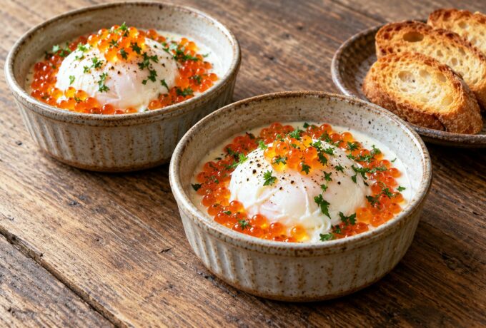 Œufs pochés, crème citronnée et œufs de saumon