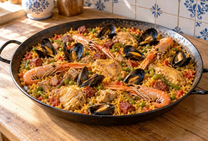 Paella mixte au poulet, porc et fruits de mer
