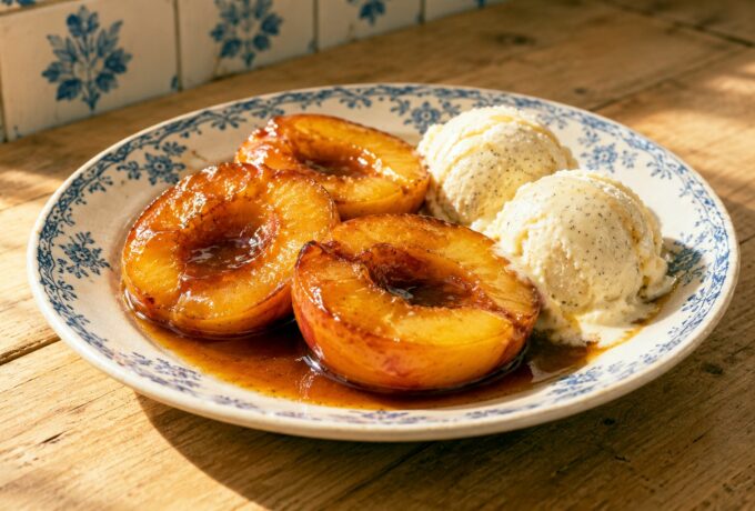 Pêches flambées au rhum et glace vanille