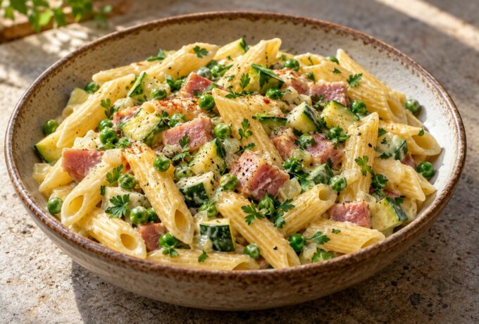 Penne aux courgettes, petits pois et jambon fumé