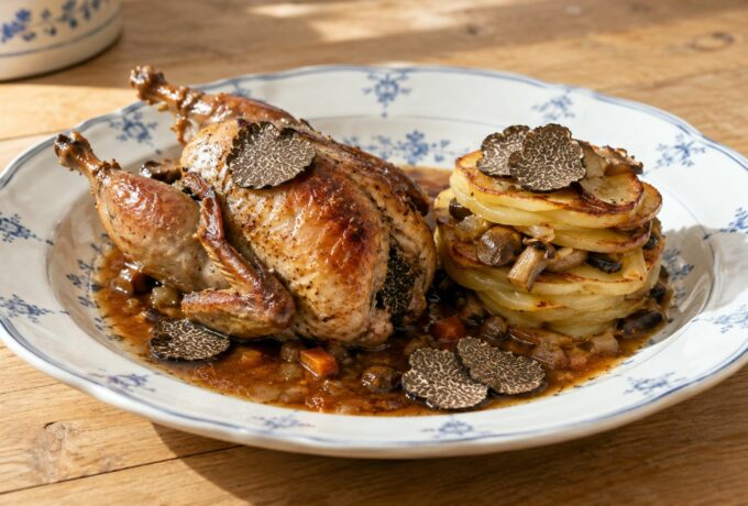 Perdrix aux truffes et millefeuille de cèpes