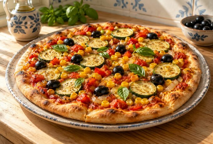 Pizza au maïs, aux courgettes et aux olives