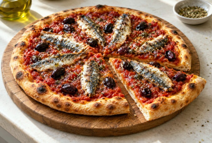 Pizza aux sardines fraîches et aux olives