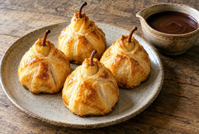 Poires en pâte feuilletée et sauce chocolat