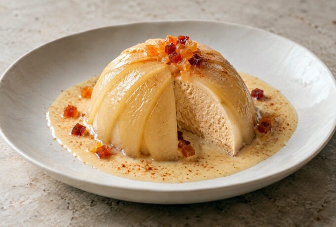Poires pochées et mousse au caramel