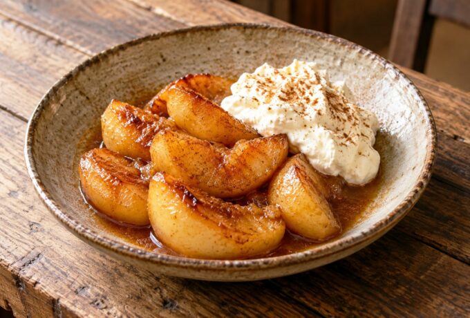 Pommes flambées au calvados et crème fouettée
