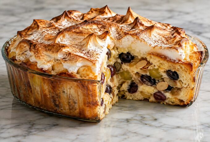 Pudding brioché aux raisins et aux amandes