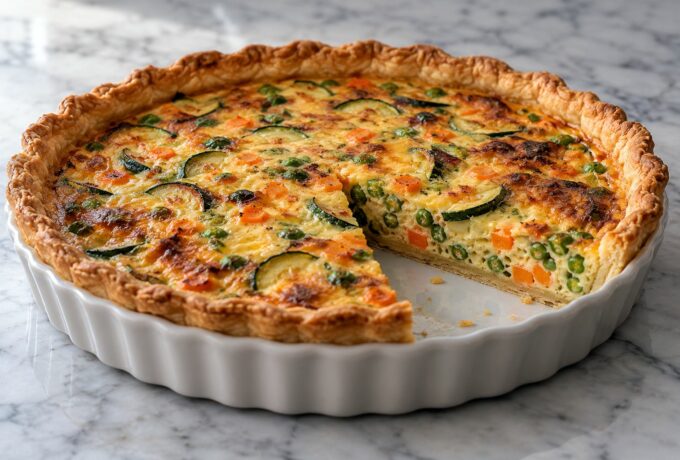 Quiche aux courgettes, carottes et petits pois