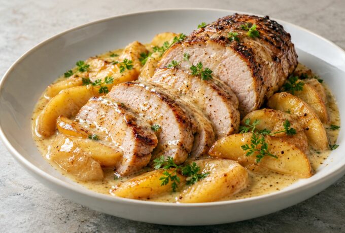 Rôti de porc au cidre, pommes et crème