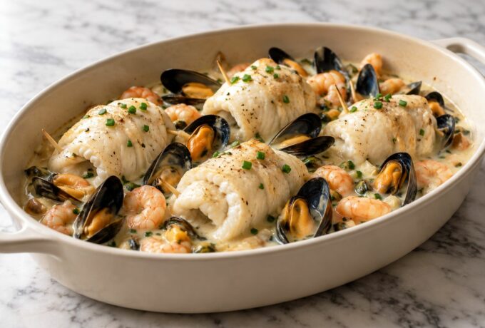 Roulades de sole aux moules et aux crevettes