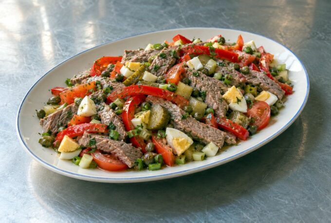 Salade de bœuf cuit, câpres et cornichons