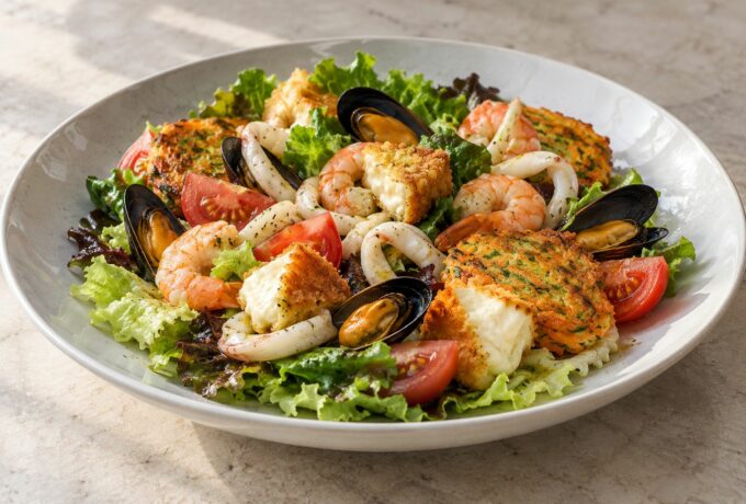 Salade de fruits de mer et mozzarella panée