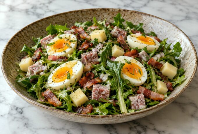Salade de pissenlits aux lardons, œufs et comté