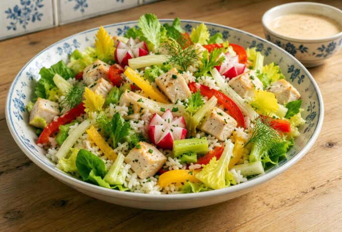 Salade de poulet, riz et légumes croquants
