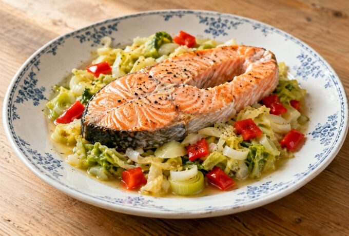Saumon au four sur légumes de chou et poireaux