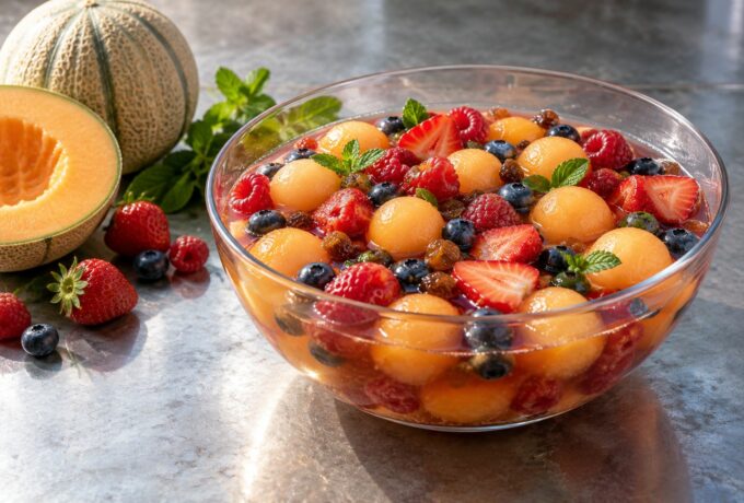 Soupe de fruits rouges et melon au muscat