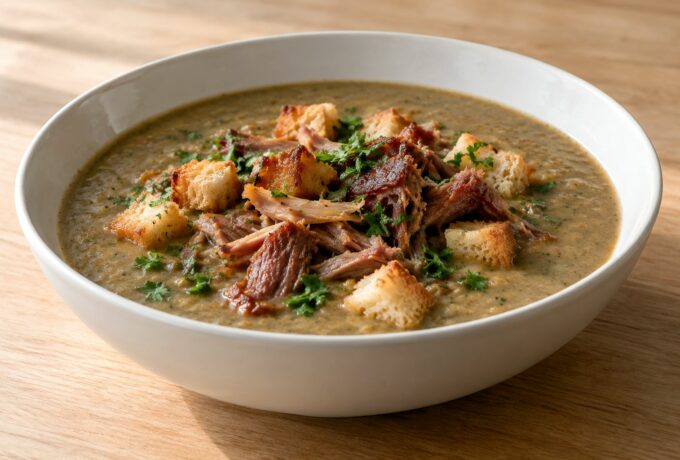 Soupe de lentilles au confit de canard