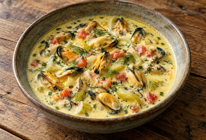 Soupe de moules aux poireaux et à la crème
