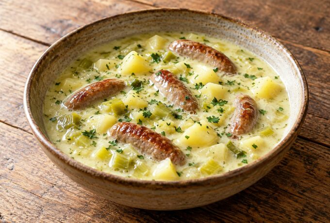 Soupe de poireaux, pommes de terre et chipolatas