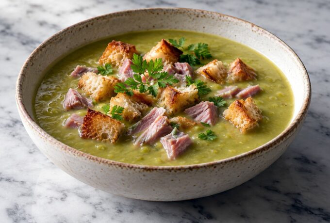 Soupe de pois cassés au jambon et croûtons