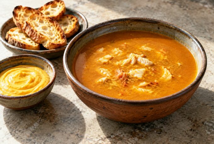 Soupe de poissons avec rouille et croûtons