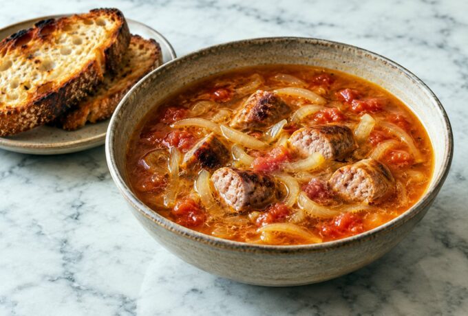 Soupe paysanne aux chipolatas et pain grillé