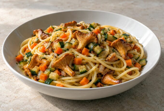 Spaghettis aux chanterelles et aux légumes