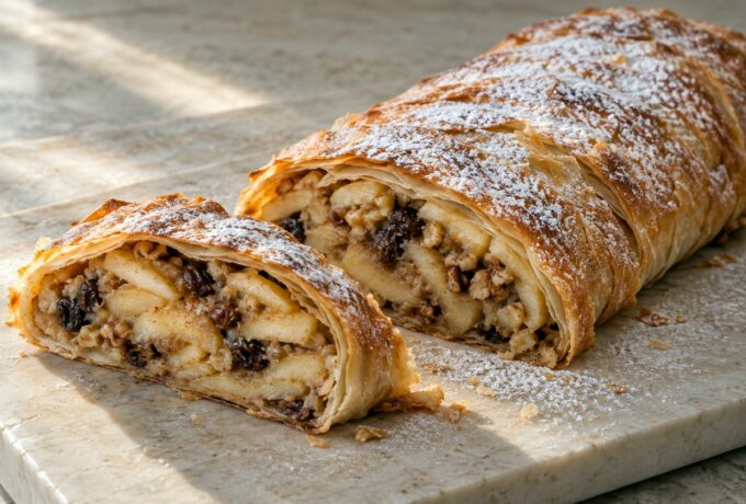Strudel aux pommes, noix et raisins