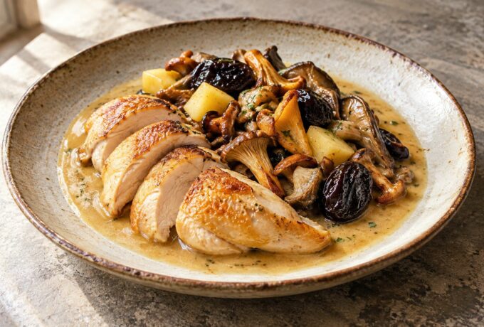Suprêmes de poulet au cidre, pommes et champignons