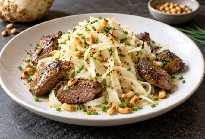 Tagliatelles de céleri aux foies de volaille