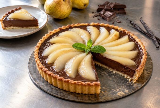 Tarte au chocolat noir et aux poires pochées