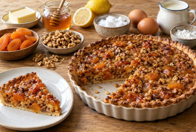 Tarte aux noix, miel et abricots secs