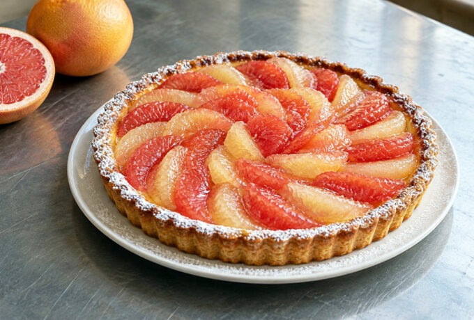 Tarte sablée aux pomelos et aux amandes