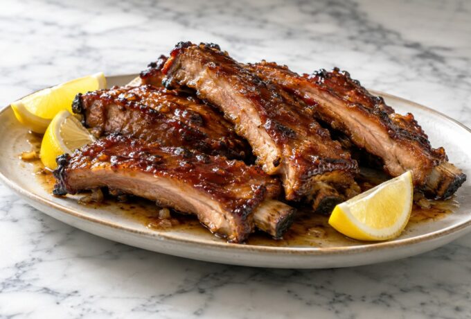 Travers de porc caramélisés au miel et au soja